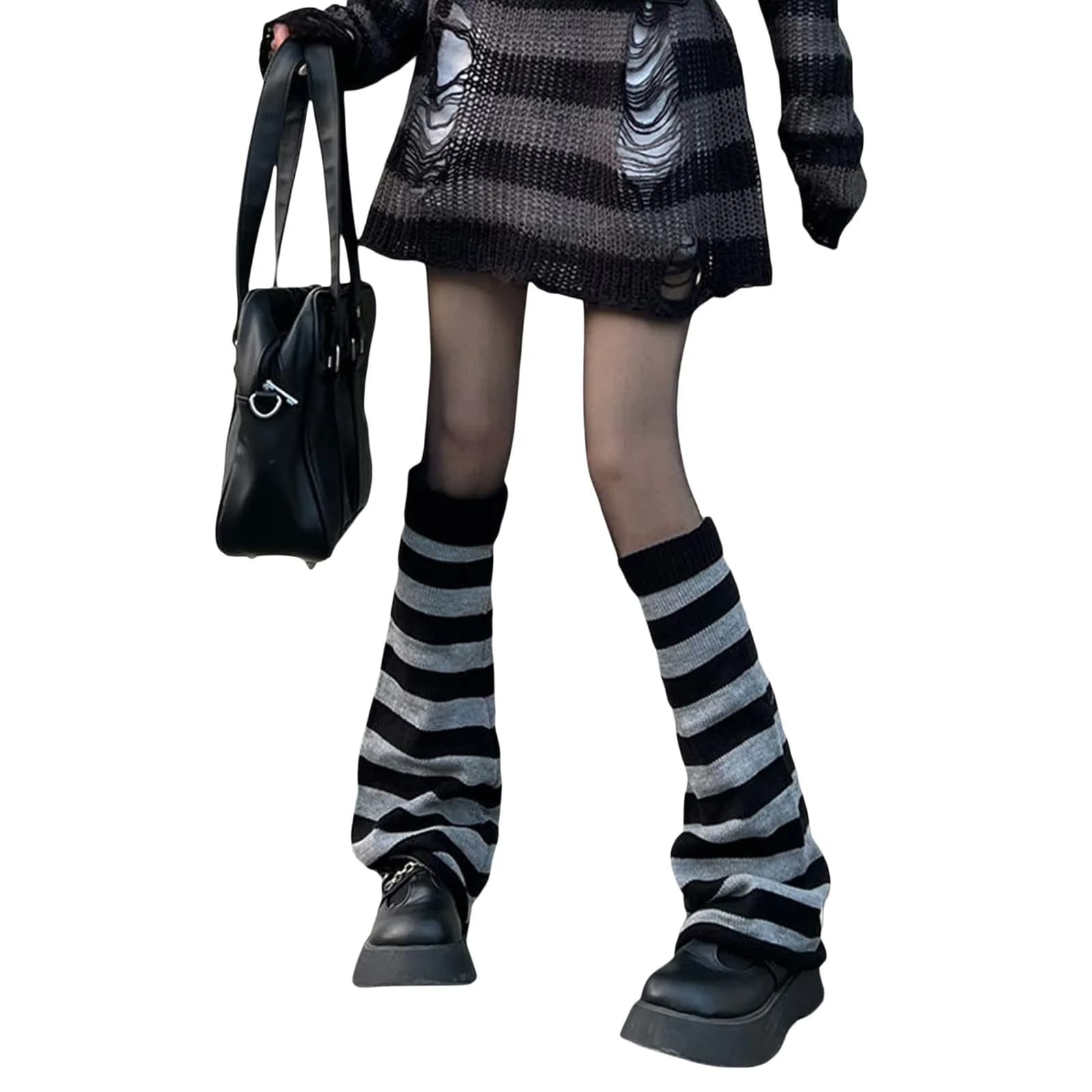 Fernvia Women's Lolita Knit Long Socks Leg Warmers Black Grey | Warm Acrylic Winter Boot Socks - view 2