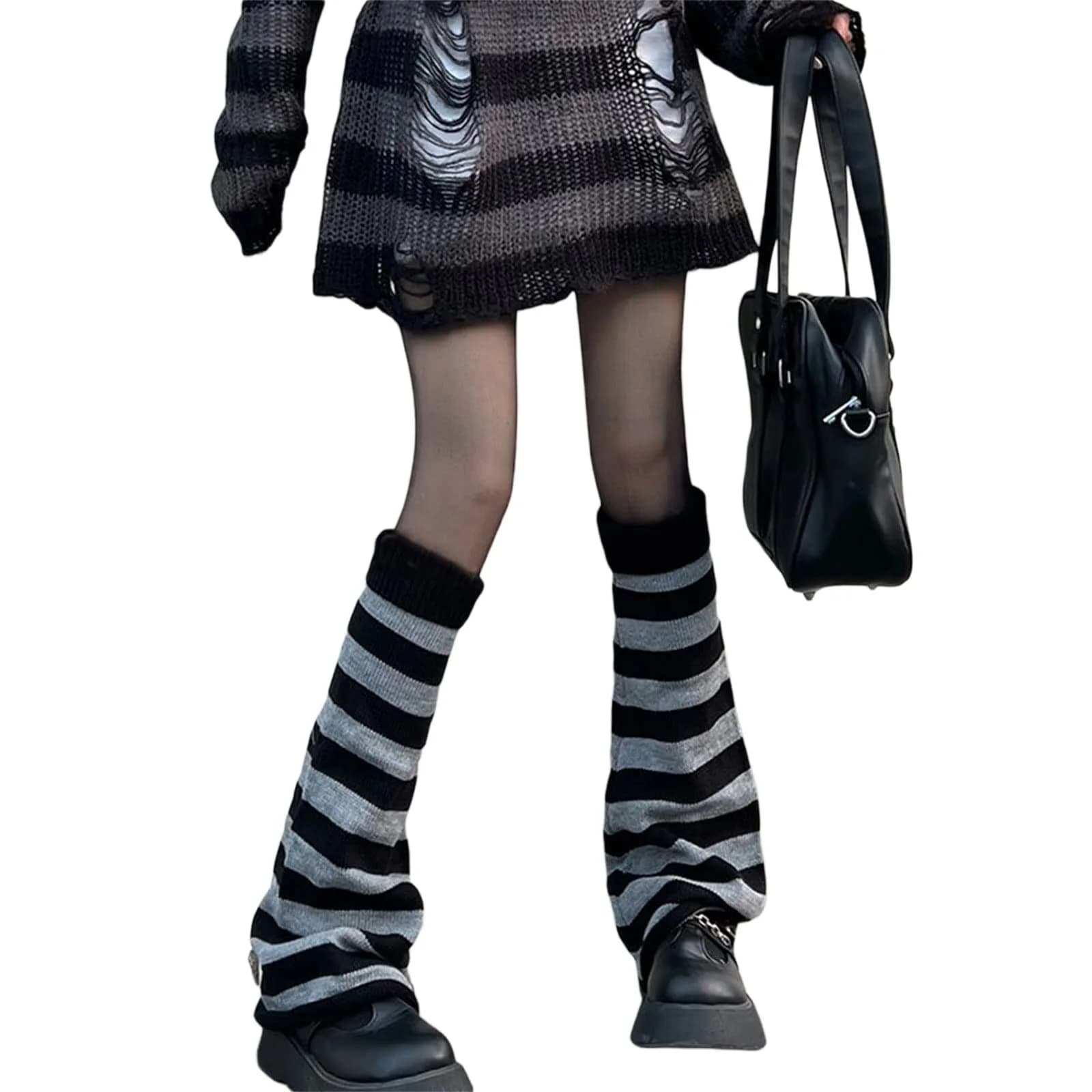 Fernvia Women's Lolita Knit Long Socks Leg Warmers Black Grey | Warm Acrylic Winter Boot Socks - view 3