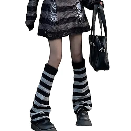 Fernvia Women's Lolita Knit Long Socks Leg Warmers Black Grey | Warm Acrylic Winter Boot Socks thumbnail 3