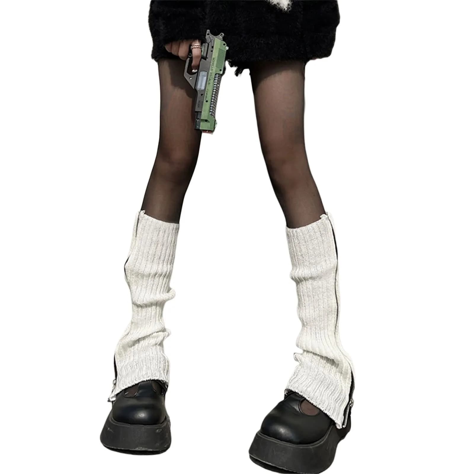 Fernvia Womens Lolita Knit Long Socks Leg Warmers White Zipper | Harajuku Japanese Kawaii Boot Socks Winter Ankle Heap Sock - main product image