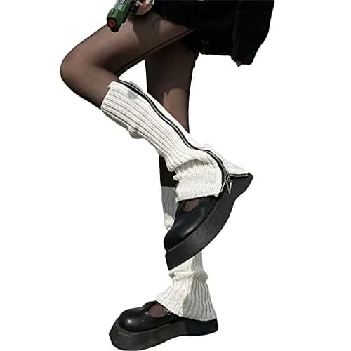 Fernvia Womens Lolita Knit Long Socks Leg Warmers White Zipper | Harajuku Japanese Kawaii Boot Socks Winter Ankle Heap Sock thumbnail 2