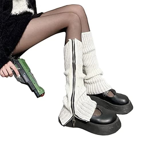 Fernvia Womens Lolita Knit Long Socks Leg Warmers White Zipper | Harajuku Japanese Kawaii Boot Socks Winter Ankle Heap Sock thumbnail 3