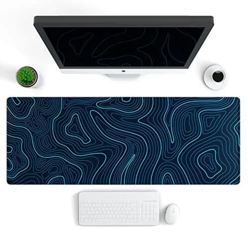 Ovenbird Gaming Mouse Pad with Stitched Edges, Topographic Map Blue Extended XL Mousepad for Desk, 80cm x 30cm, Rubber & Polyester thumbnail 2