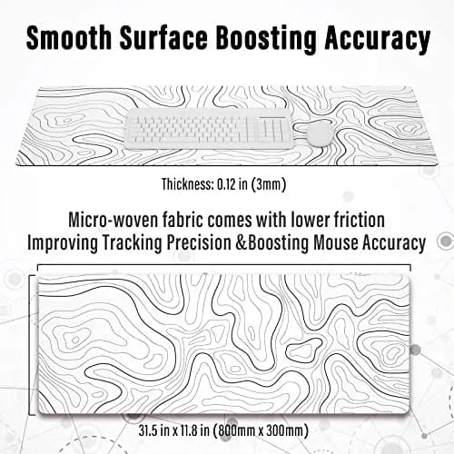 Ovenbird Large Gaming Mouse Pad with Stitched Edges | Minimalist Topographic Map Desk Mat, Extended XL, Anti-Slip Base, White thumbnail 3