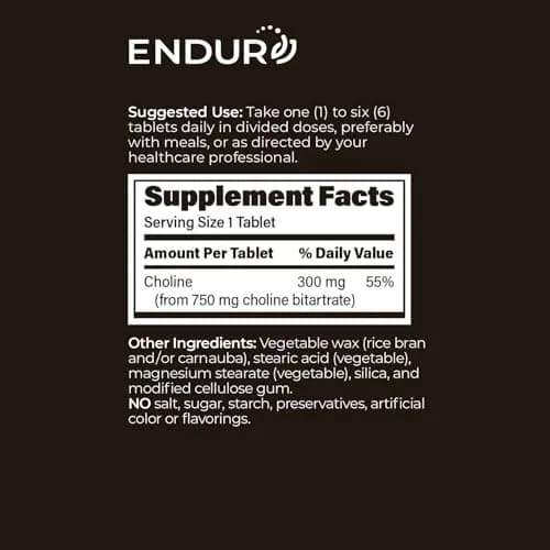 Endurance Products ENDUR Choline L(+) Bitartrate 300mg | Sustained Release, 60 Tablets for Brain & Liver Support thumbnail 6