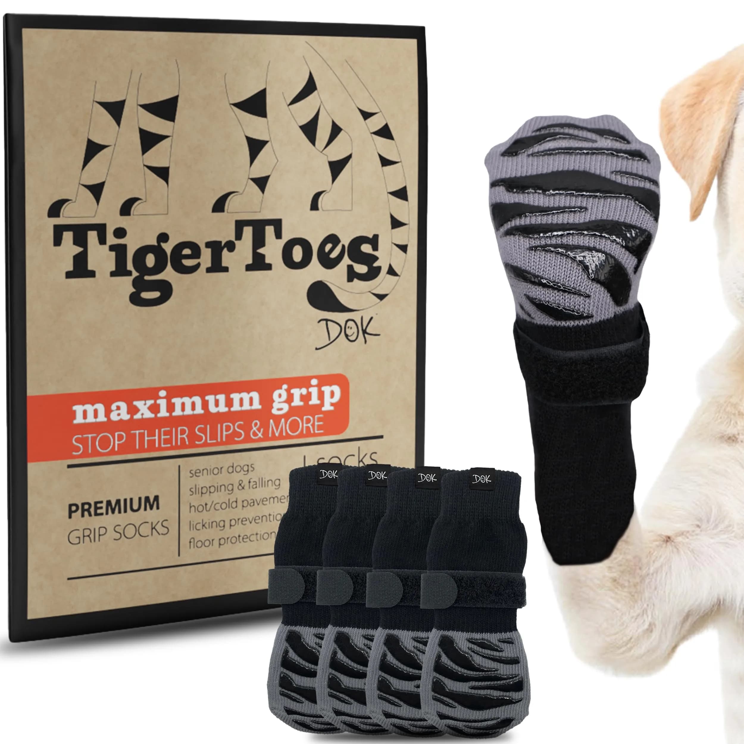 DOK TigerToes Premium Non-Slip Dog Socks Small | 4-Pack Grip for Hardwood Floors - main product image