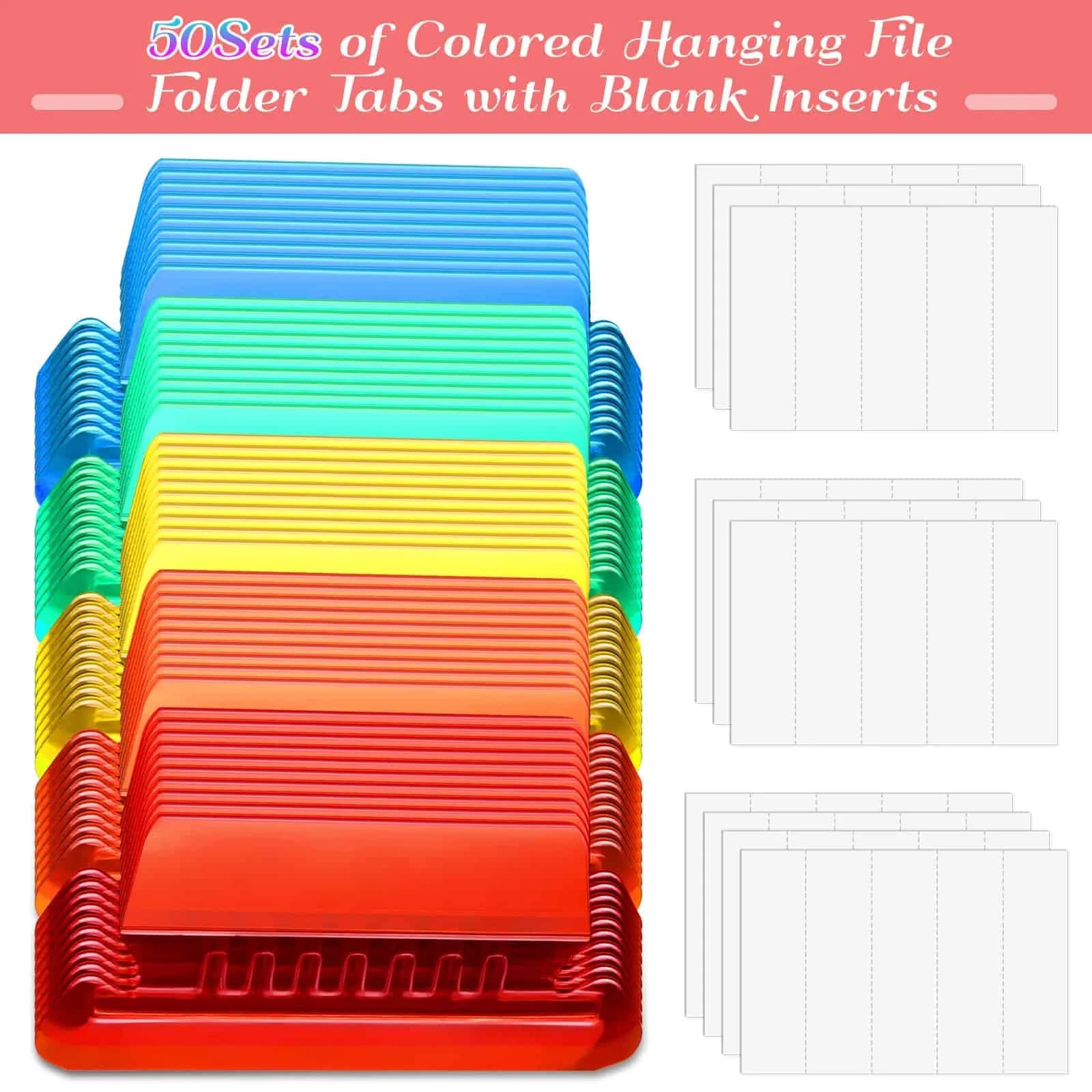PAXCOO Hanging File Folder Tabs 50 Sets Multicolor | 2-inch Wide Plastic & Paper - view 2