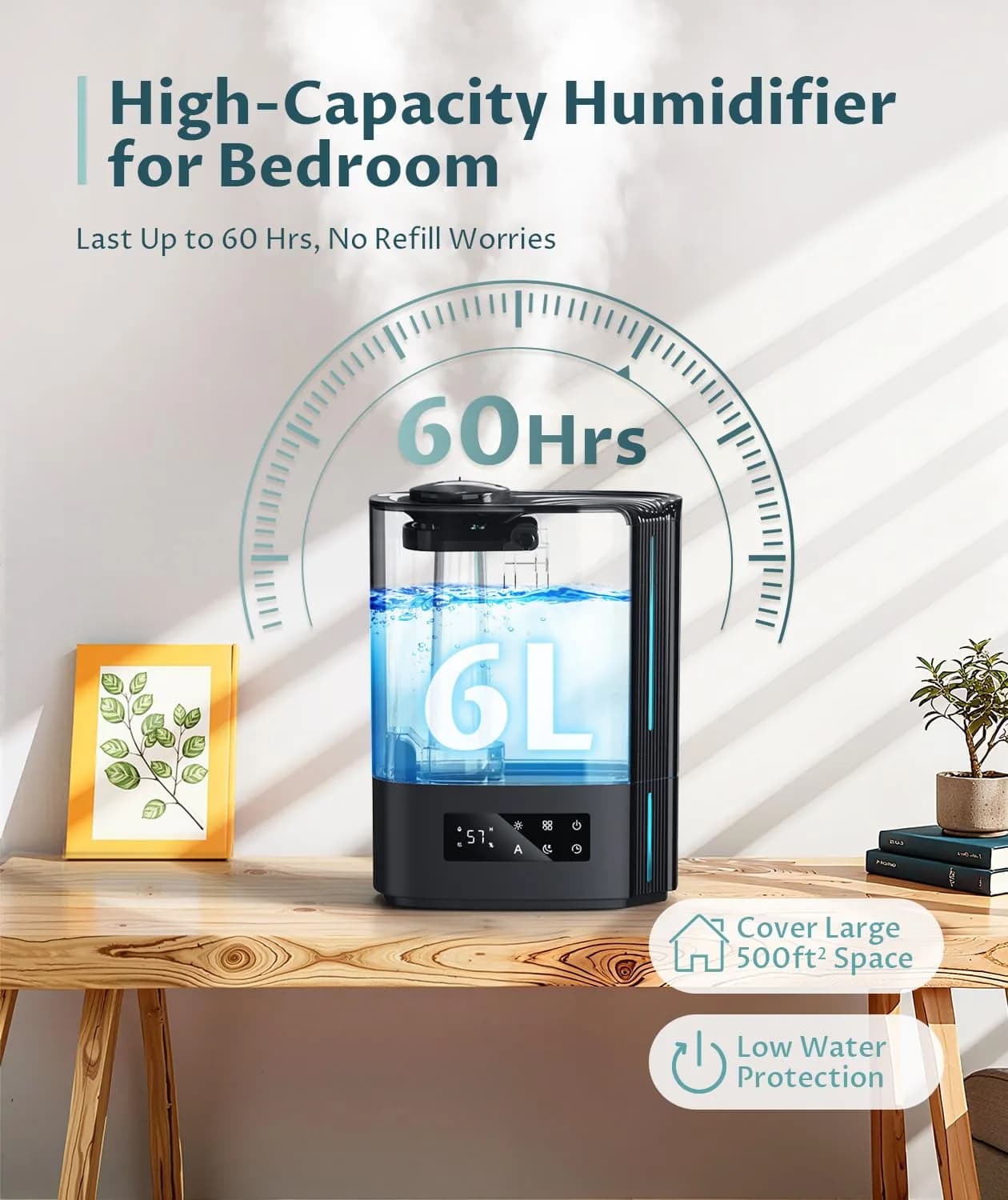BREEZOME 6L Humidifier for Large Rooms & Bedrooms | 60-Hour Runtime, Smart Humidistat Control, Black - view 2