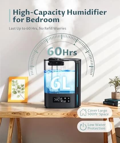 BREEZOME 6L Humidifier for Large Rooms & Bedrooms | 60-Hour Runtime, Smart Humidistat Control, Black thumbnail 2