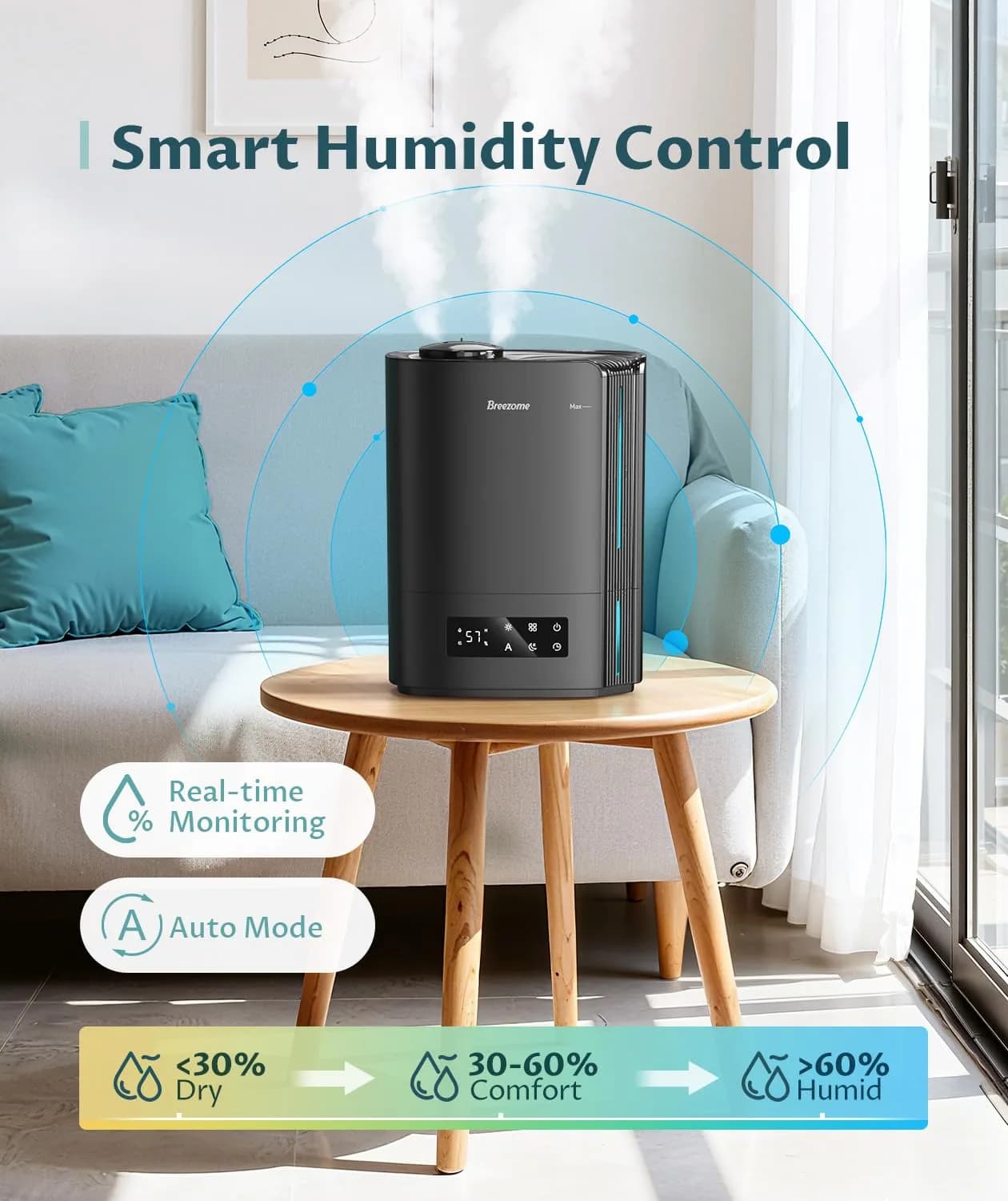 BREEZOME 6L Humidifier for Large Rooms & Bedrooms | 60-Hour Runtime, Smart Humidistat Control, Black - view 3
