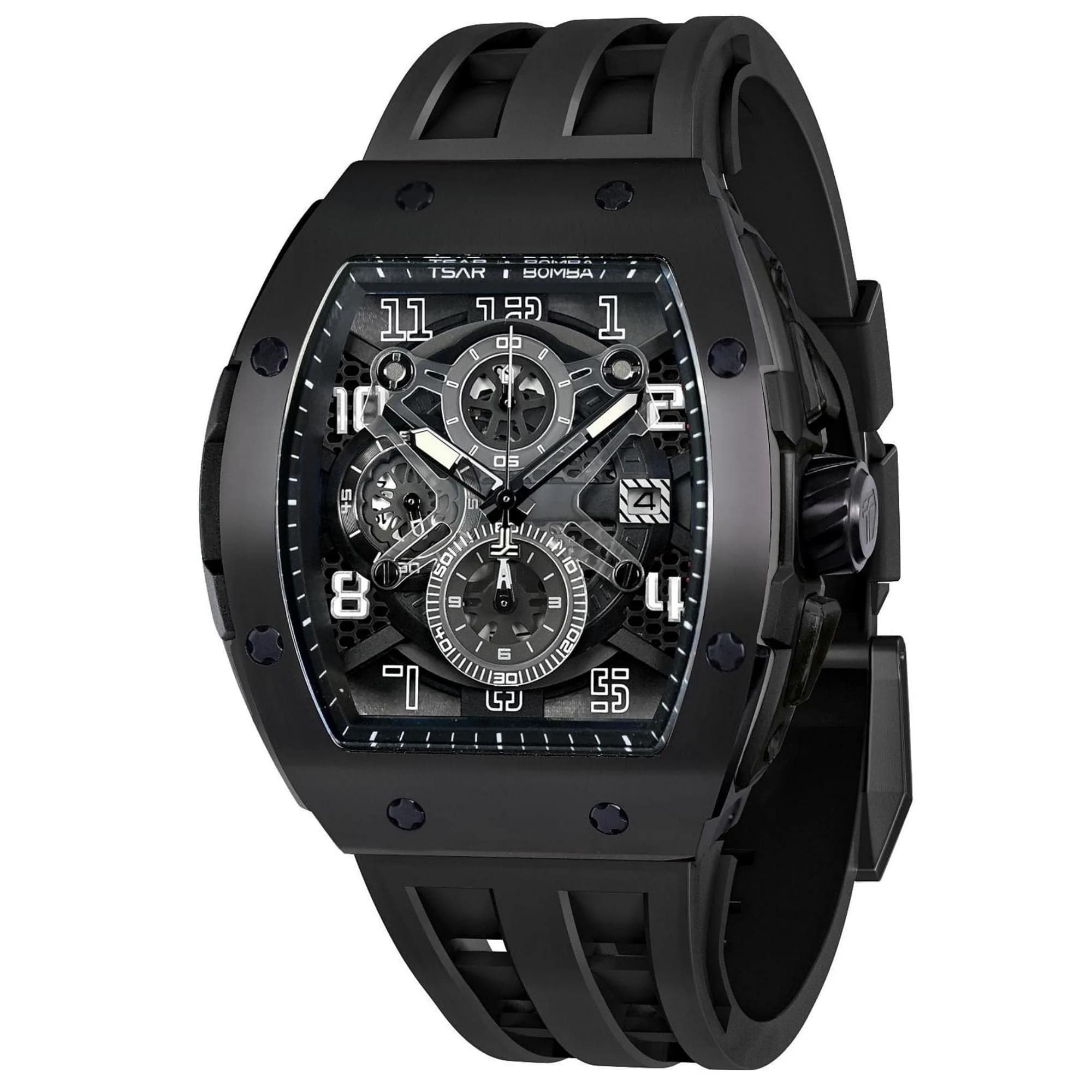 TSAR BOMBA Men's Quartz Wristwatch Waterproof 50M | Luxury Tonneau Chronograph for Men — Black-Black