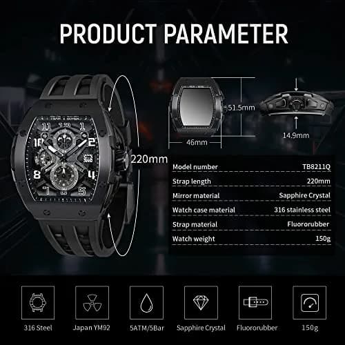 TSAR BOMBA Men's Quartz Wristwatch Waterproof 50M | Luxury Tonneau Chronograph for Men thumbnail 4
