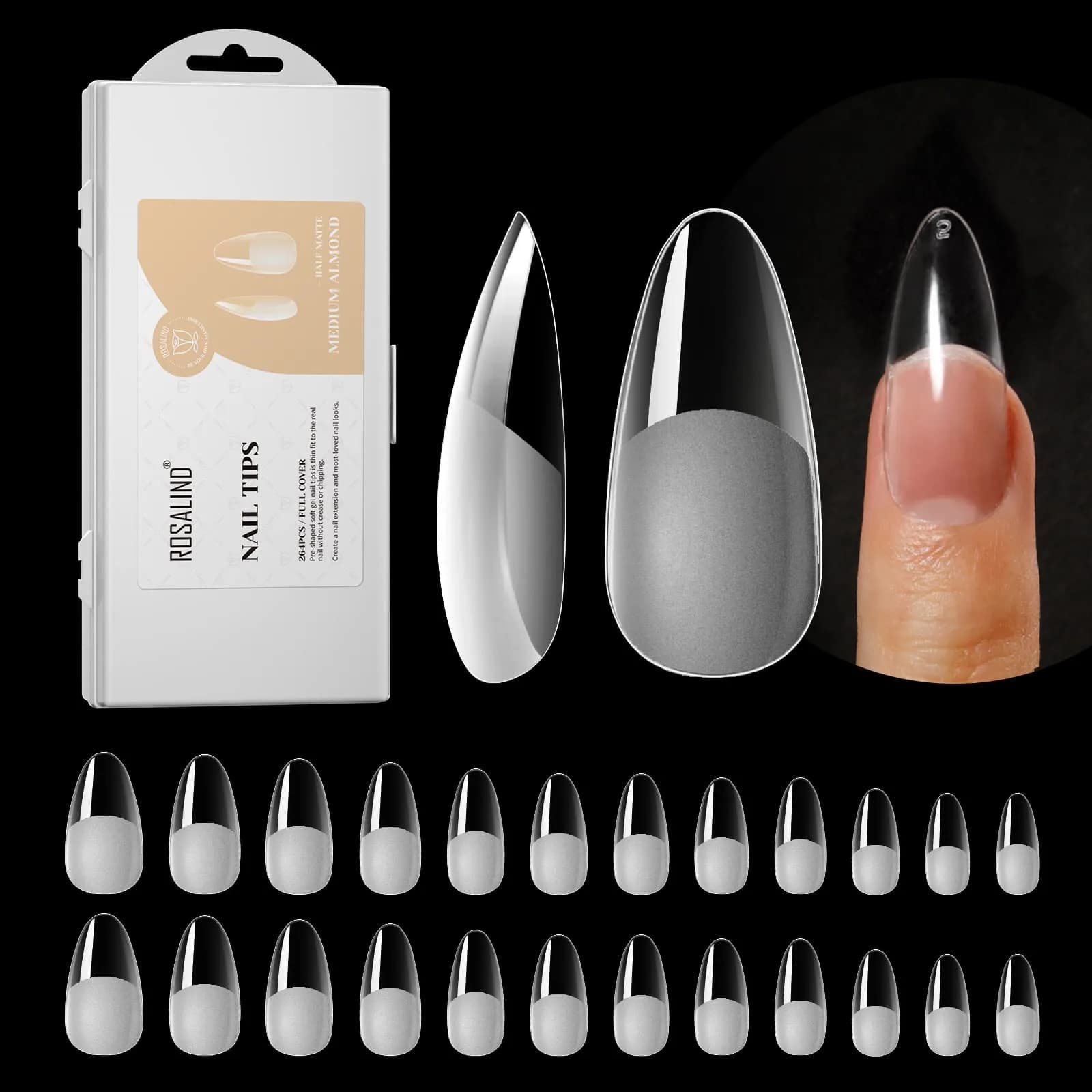 ROSALIND 264PCS Half Matte Almond Fake Nail Tips | Medium Full Cover Acrylic Nails for Women (264 pcs, Half Matte)