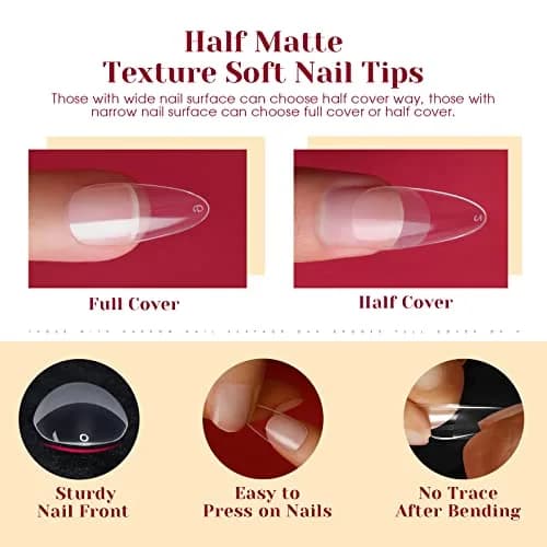 ROSALIND 264PCS Half Matte Almond Fake Nail Tips | Medium Full Cover Acrylic Nails for Women (264 pcs, Half Matte) thumbnail 6