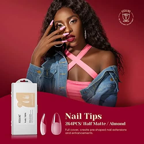 ROSALIND 264PCS Half Matte Almond Fake Nail Tips | Medium Full Cover Acrylic Nails for Women (264 pcs, Half Matte) thumbnail 2