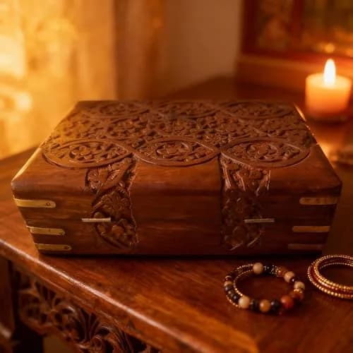 GURU JEE Hand Carved Wooden Jewellery Box 20 cm (8 Inch) | Decorative Floral Carvings Multipurpose Organiser thumbnail 5