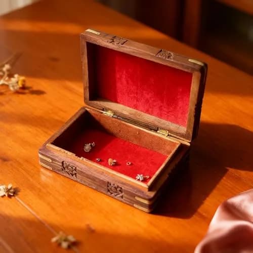 GURU JEE Hand Carved Wooden Jewellery Box 20 cm (8 Inch) | Decorative Floral Carvings Multipurpose Organiser thumbnail 6