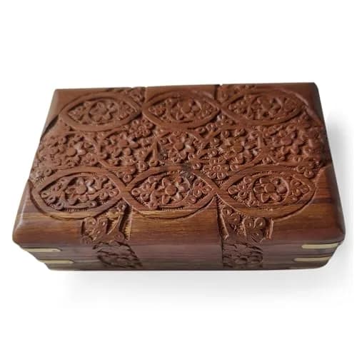 GURU JEE Hand Carved Wooden Jewellery Box 20 cm (8 Inch) | Decorative Floral Carvings Multipurpose Organiser thumbnail 1