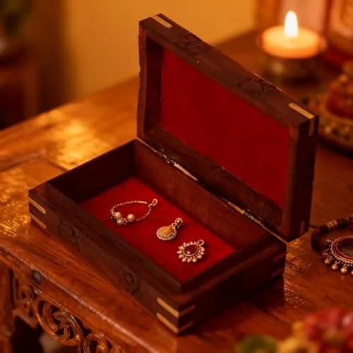 GURU JEE Handmade Indian Rosewood Jewellery Box 15cm (6 Inch) | Decorative Trinket Holder with Brass Inlay thumbnail 7