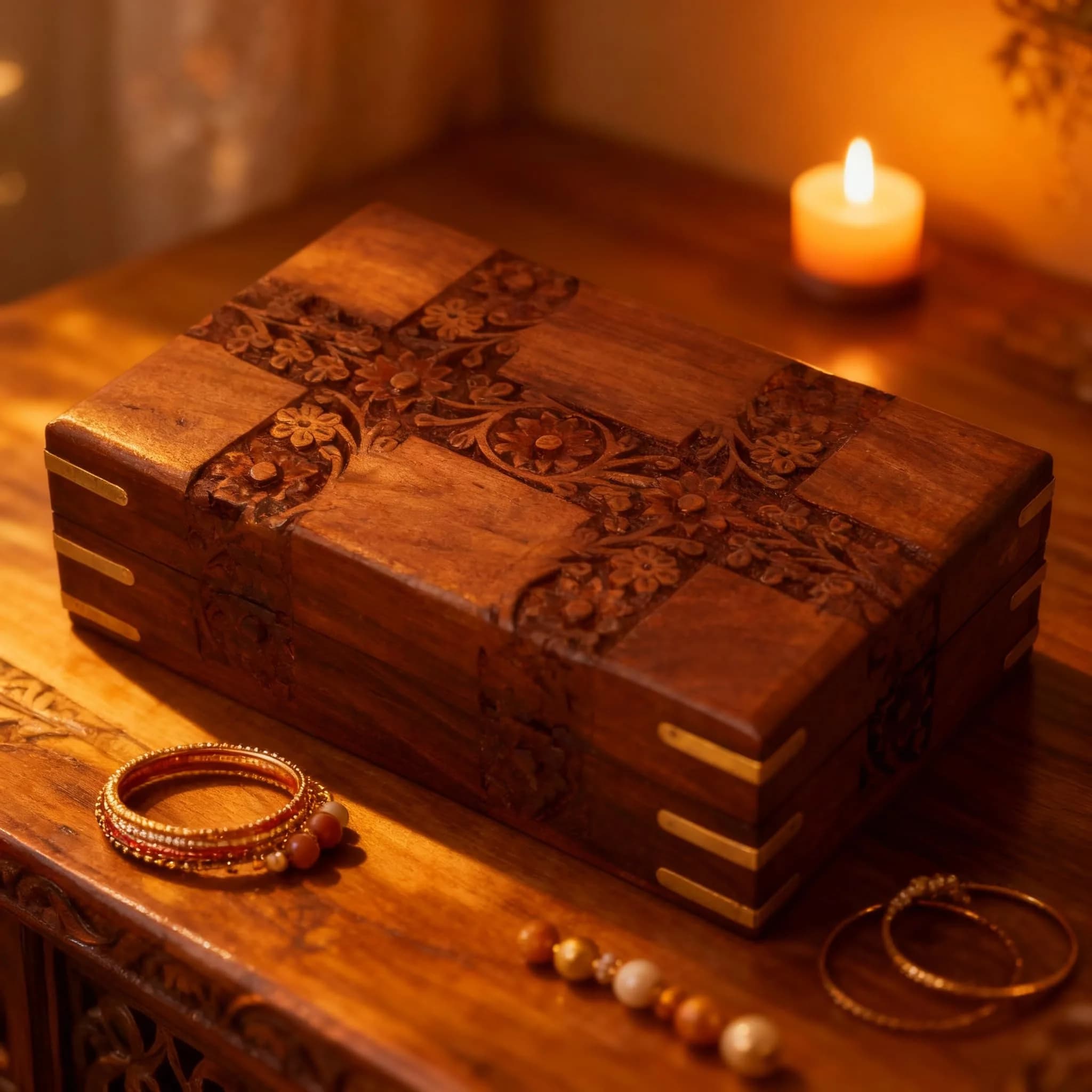 GURU JEE Handmade Indian Rosewood Jewellery Box 15cm (6 Inch) | Decorative Trinket Holder with Brass Inlay - view 9