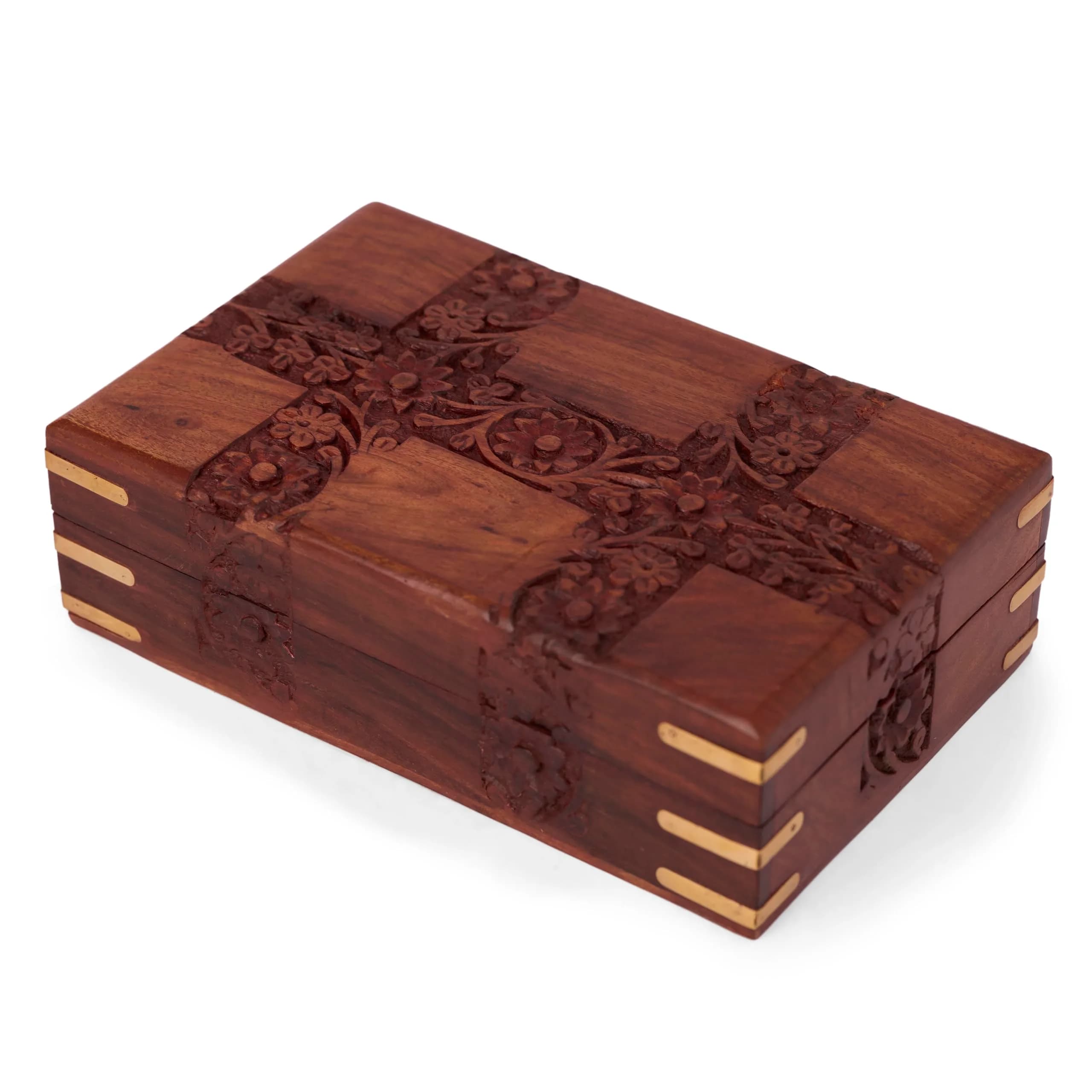 GURU JEE Handmade Indian Rosewood Jewellery Box 15cm (6 Inch) | Decorative Trinket Holder with Brass Inlay - view 3