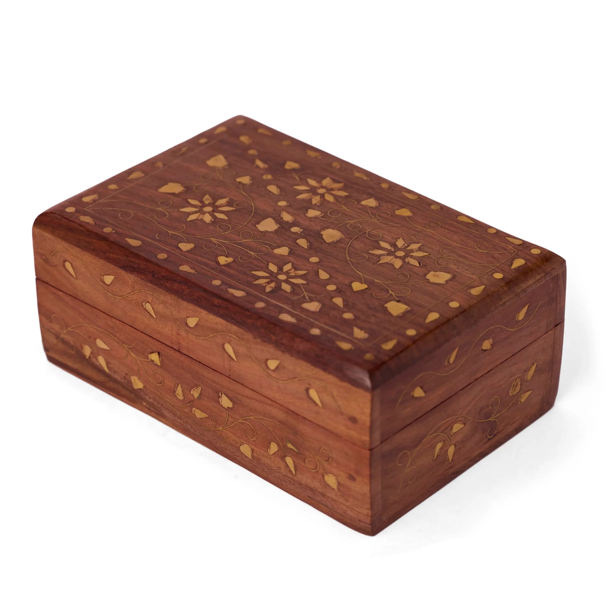 GURU JEE Hand Crafted Wooden Decorative Trinket Jewelry Box Organiser Floral Carvings & Brass Inlay Centre Flower 15cm (6 Inch) | Authentic USA Import - main product image