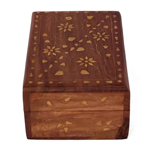 GURU JEE Hand Crafted Wooden Decorative Trinket Jewelry Box Organiser Floral Carvings & Brass Inlay Centre Flower 15cm (6 Inch) | Authentic USA Import thumbnail 4
