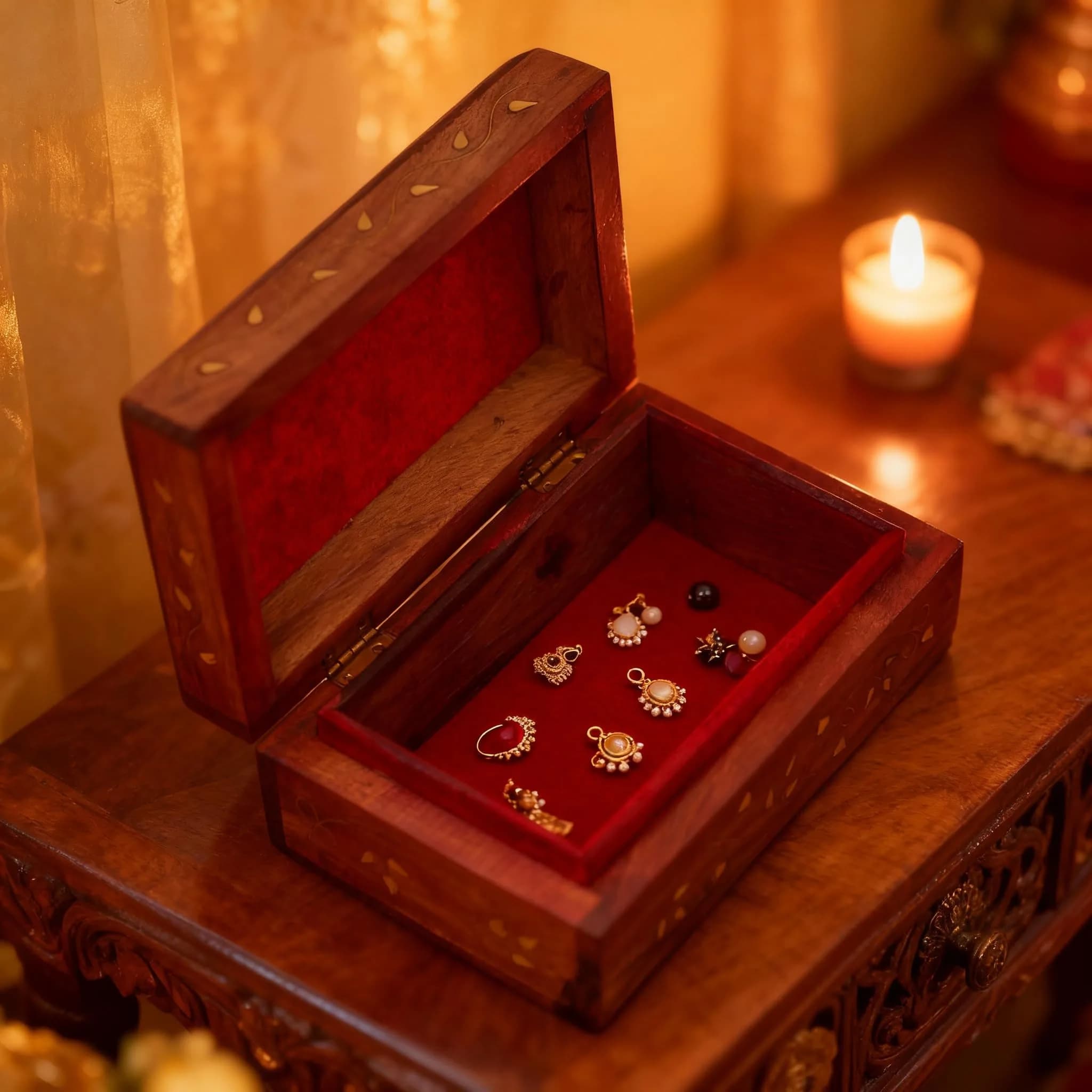 GURU JEE Hand Crafted Wooden Decorative Trinket Jewelry Box Organiser Floral Carvings & Brass Inlay Centre Flower 15cm (6 Inch) | Authentic USA Import - view 5