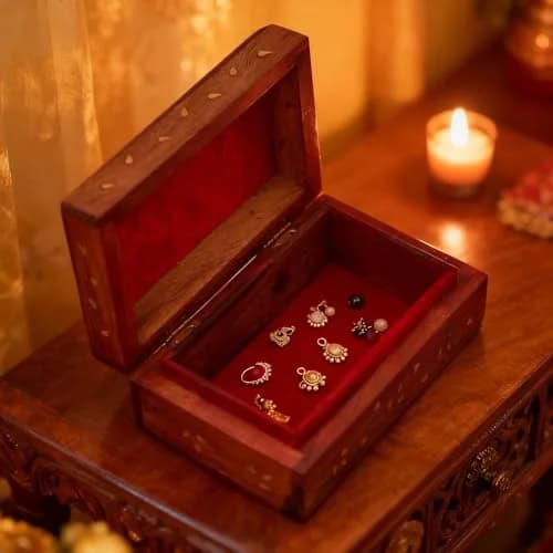 GURU JEE Hand Crafted Wooden Decorative Trinket Jewelry Box Organiser Floral Carvings & Brass Inlay Centre Flower 15cm (6 Inch) | Authentic USA Import thumbnail 5