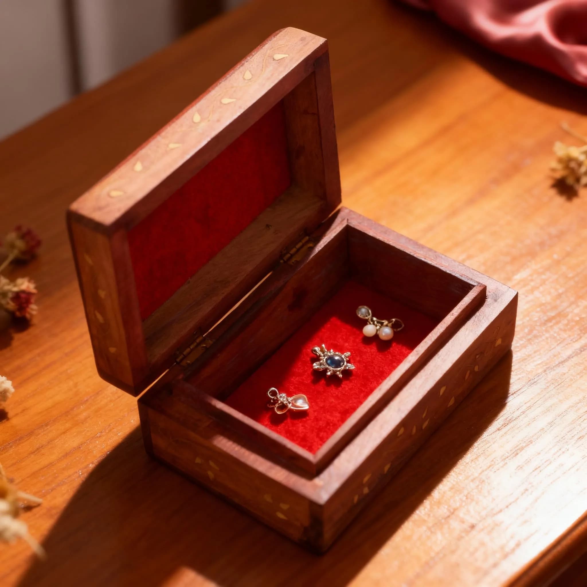 GURU JEE Hand Crafted Wooden Decorative Trinket Jewelry Box Organiser Floral Carvings & Brass Inlay Centre Flower 15cm (6 Inch) | Authentic USA Import - view 6