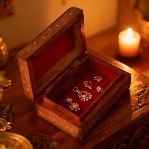 GURU JEE Hand Crafted Wooden Decorative Trinket Jewelry Box Organiser Floral Carvings & Brass Inlay Centre Flower 15cm (6 Inch) | Authentic USA Import thumbnail 7