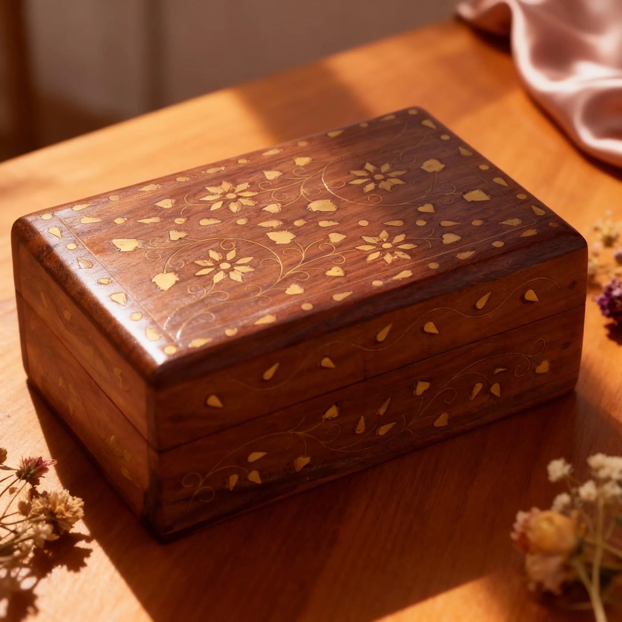 GURU JEE Hand Crafted Wooden Decorative Trinket Jewelry Box Organiser Floral Carvings & Brass Inlay Centre Flower 15cm (6 Inch) | Authentic USA Import - view 8