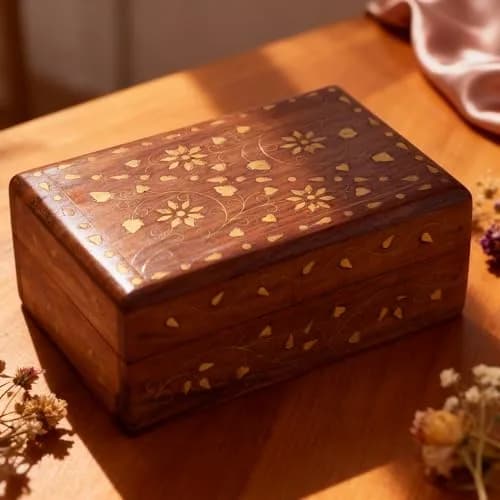 GURU JEE Hand Crafted Wooden Decorative Trinket Jewelry Box Organiser Floral Carvings & Brass Inlay Centre Flower 15cm (6 Inch) | Authentic USA Import thumbnail 8