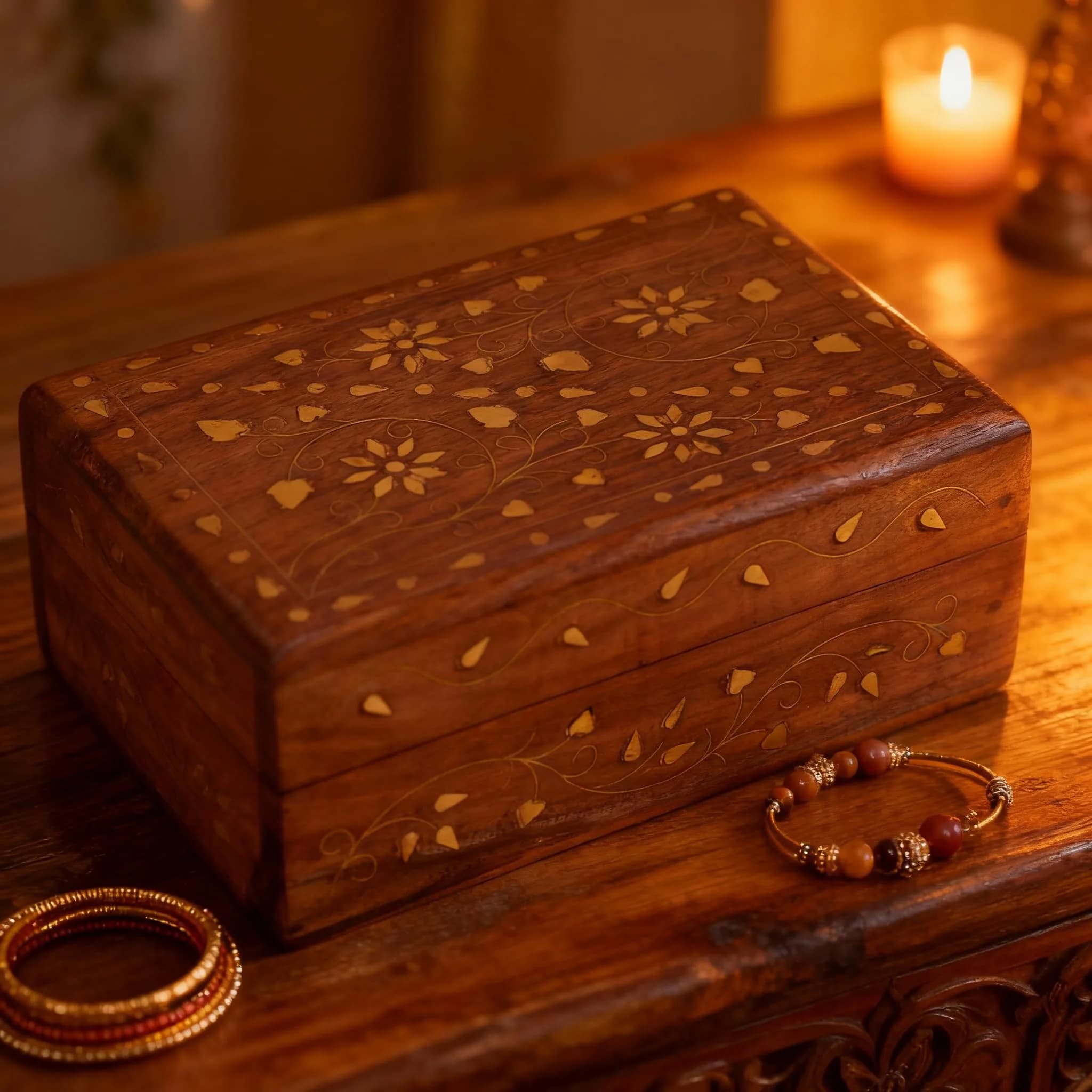 GURU JEE Hand Crafted Wooden Decorative Trinket Jewelry Box Organiser Floral Carvings & Brass Inlay Centre Flower 15cm (6 Inch) | Authentic USA Import - view 9