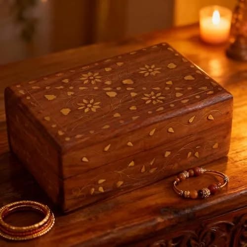 GURU JEE Hand Crafted Wooden Decorative Trinket Jewelry Box Organiser Floral Carvings & Brass Inlay Centre Flower 15cm (6 Inch) | Authentic USA Import thumbnail 9