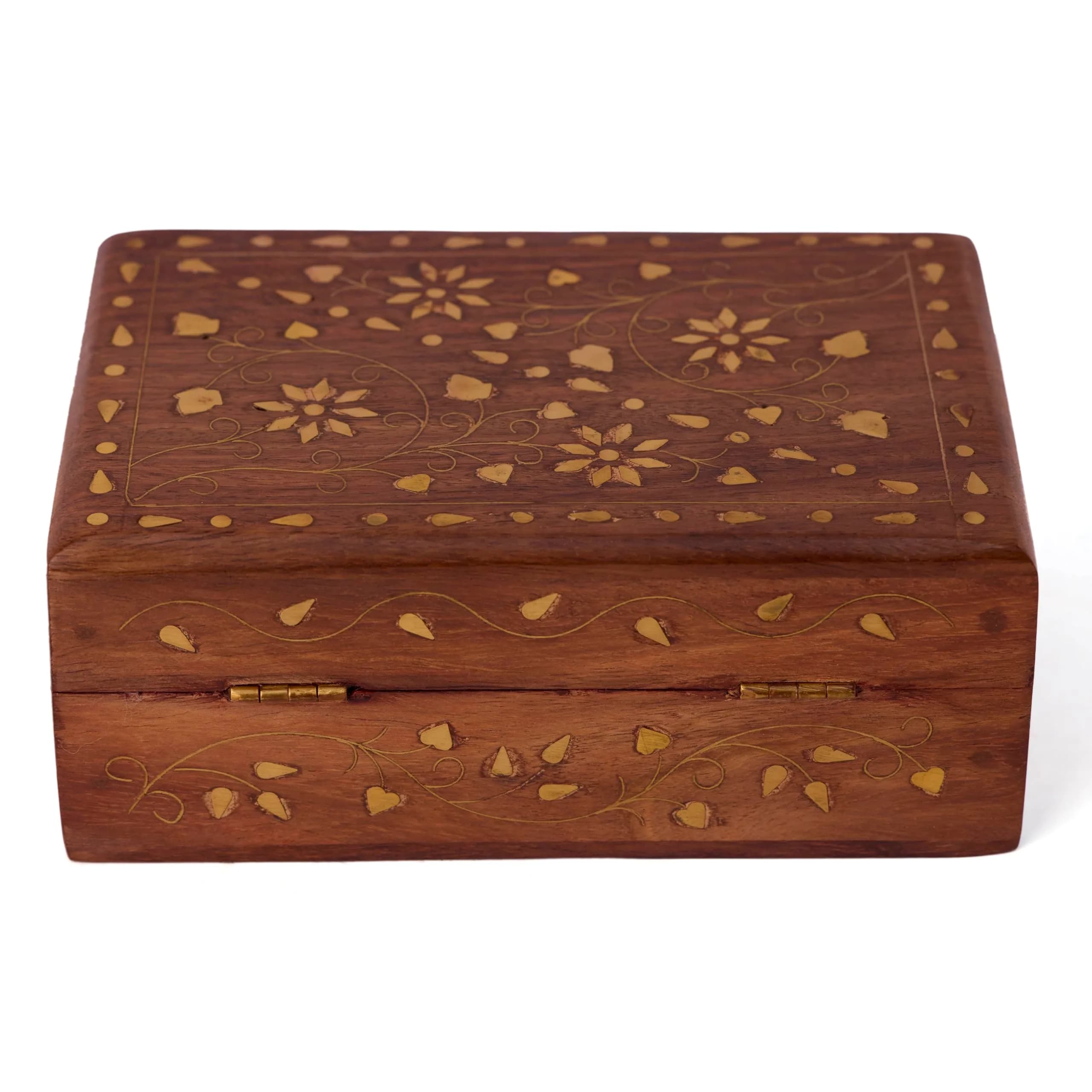 GURU JEE Hand Crafted Wooden Decorative Trinket Jewelry Box Organiser Floral Carvings & Brass Inlay Centre Flower 15cm (6 Inch) | Authentic USA Import - view 2