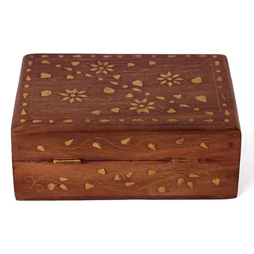 GURU JEE Hand Crafted Wooden Decorative Trinket Jewelry Box Organiser Floral Carvings & Brass Inlay Centre Flower 15cm (6 Inch) | Authentic USA Import thumbnail 2