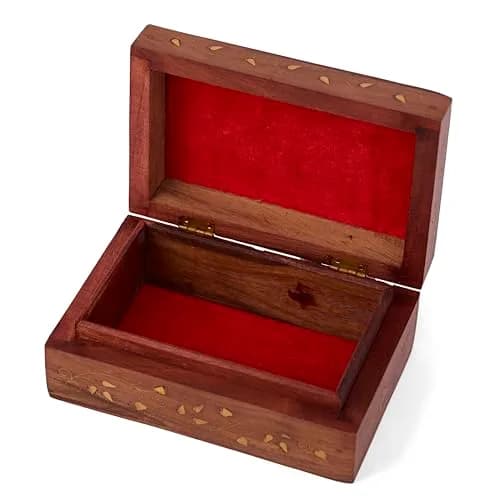 GURU JEE Hand Crafted Wooden Decorative Trinket Jewelry Box Organiser Floral Carvings & Brass Inlay Centre Flower 15cm (6 Inch) | Authentic USA Import thumbnail 3