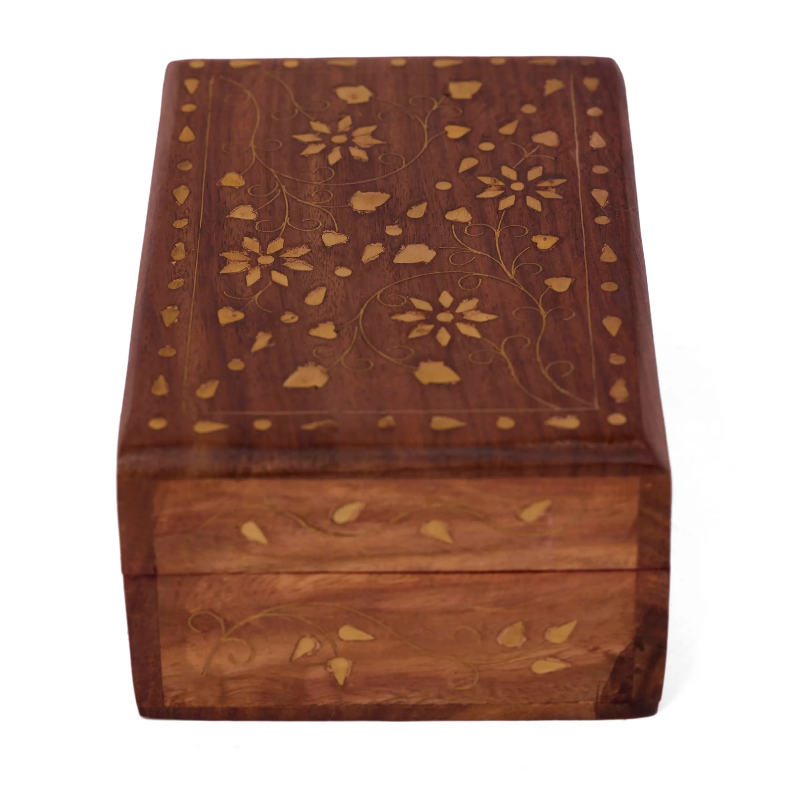 GURU JEE Hand Crafted Wooden Decorative Trinket Jewelry Box Organiser Floral Carvings & Brass Inlay Centre Flower 15cm (6 Inch) | Authentic USA Import - view 4