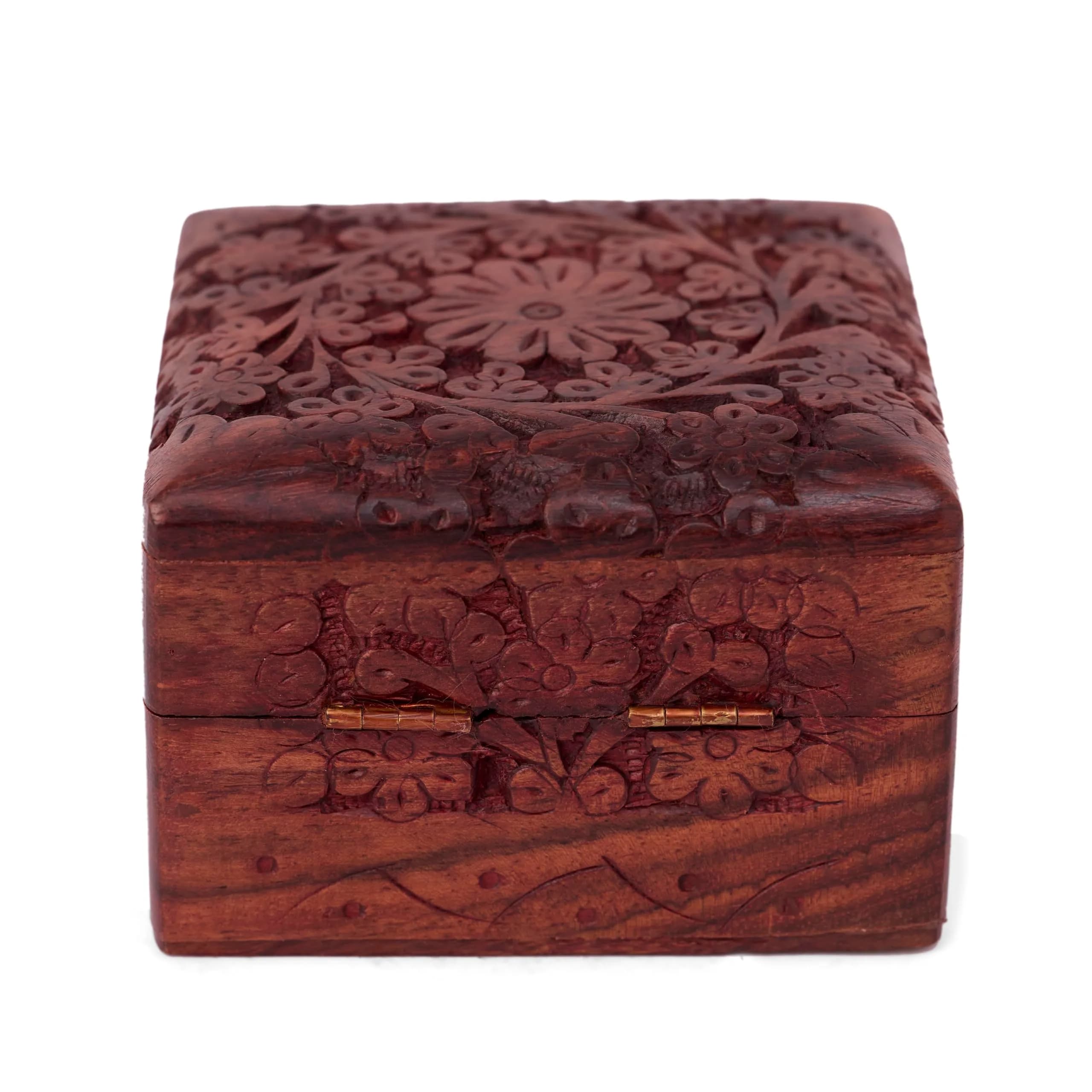 GURU JEE Wooden Hand Carved Keepsake Box 10cm (4 inch) | Intricate Floral Design for Jewellery Storage - main product image