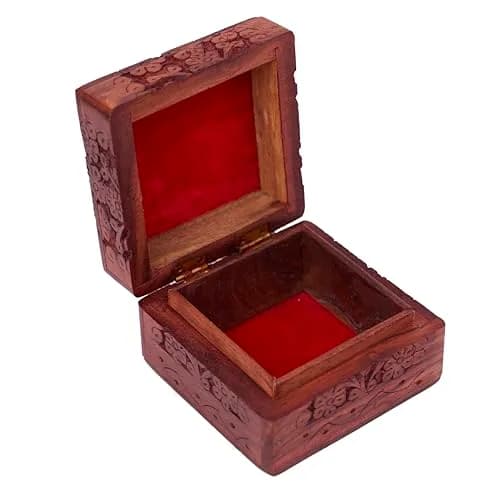 GURU JEE Wooden Hand Carved Keepsake Box 10cm (4 inch) | Intricate Floral Design for Jewellery Storage thumbnail 4