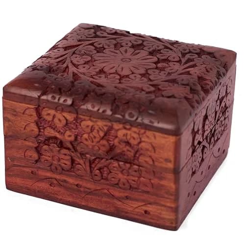GURU JEE Wooden Hand Carved Keepsake Box 10cm (4 inch) | Intricate Floral Design for Jewellery Storage thumbnail 5