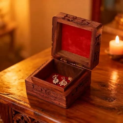 GURU JEE Wooden Hand Carved Keepsake Box 10cm (4 inch) | Intricate Floral Design for Jewellery Storage thumbnail 6