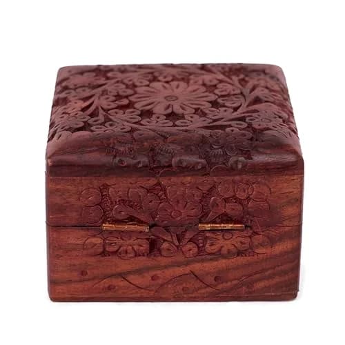 GURU JEE Wooden Hand Carved Keepsake Box 10cm (4 inch) | Intricate Floral Design for Jewellery Storage thumbnail 1