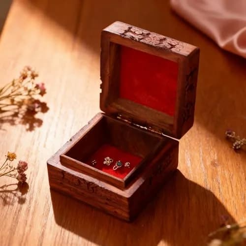 GURU JEE Wooden Hand Carved Keepsake Box 10cm (4 inch) | Intricate Floral Design for Jewellery Storage thumbnail 7
