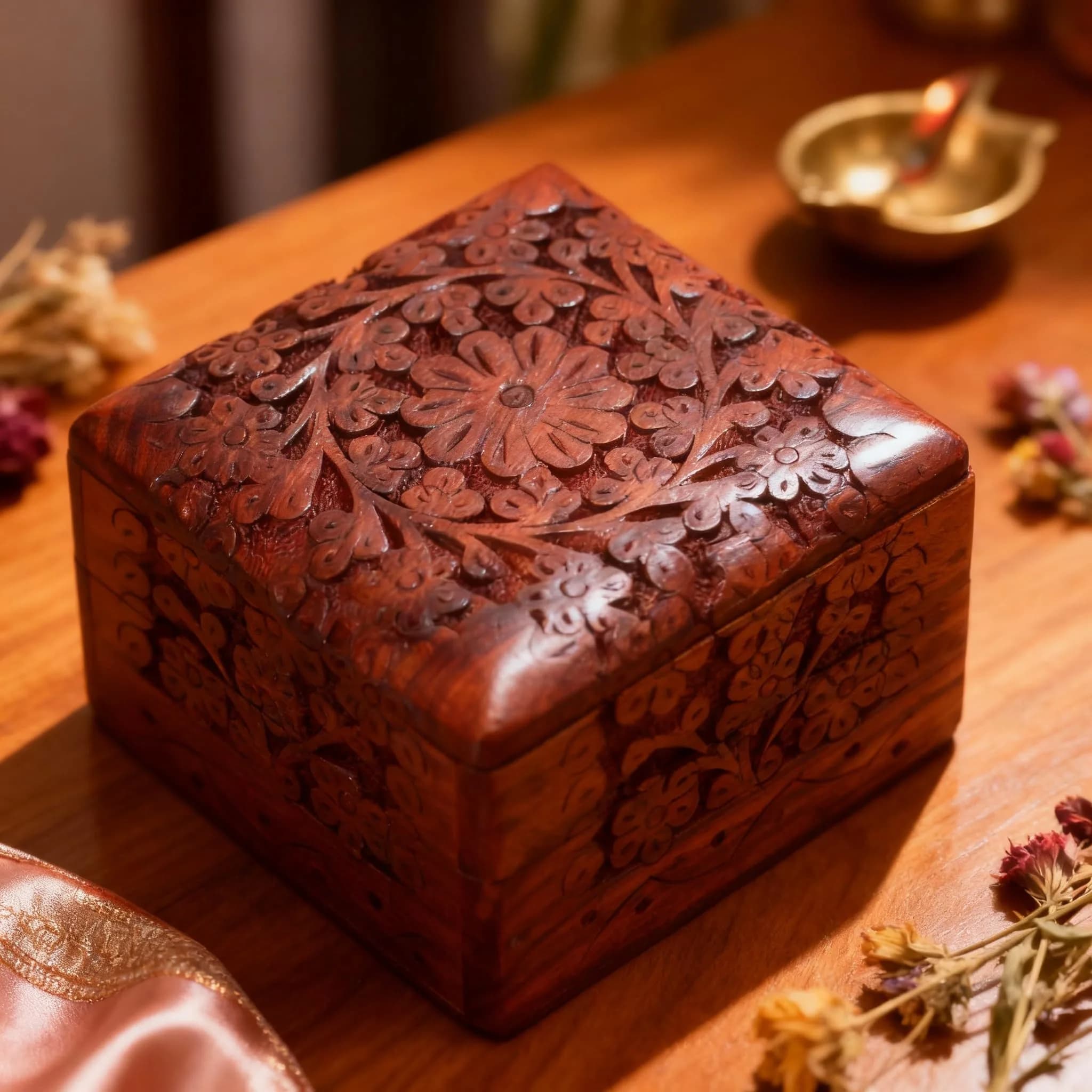 GURU JEE Wooden Hand Carved Keepsake Box 10cm (4 inch) | Intricate Floral Design for Jewellery Storage - view 8