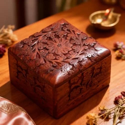 GURU JEE Wooden Hand Carved Keepsake Box 10cm (4 inch) | Intricate Floral Design for Jewellery Storage thumbnail 8