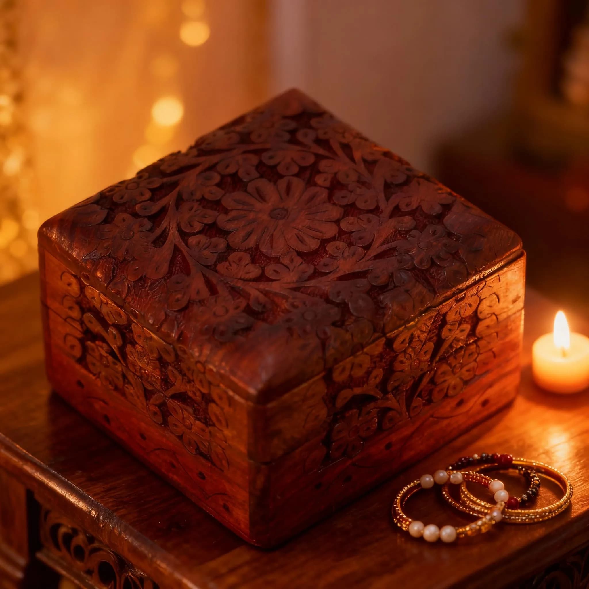 GURU JEE Wooden Hand Carved Keepsake Box 10cm (4 inch) | Intricate Floral Design for Jewellery Storage - view 9