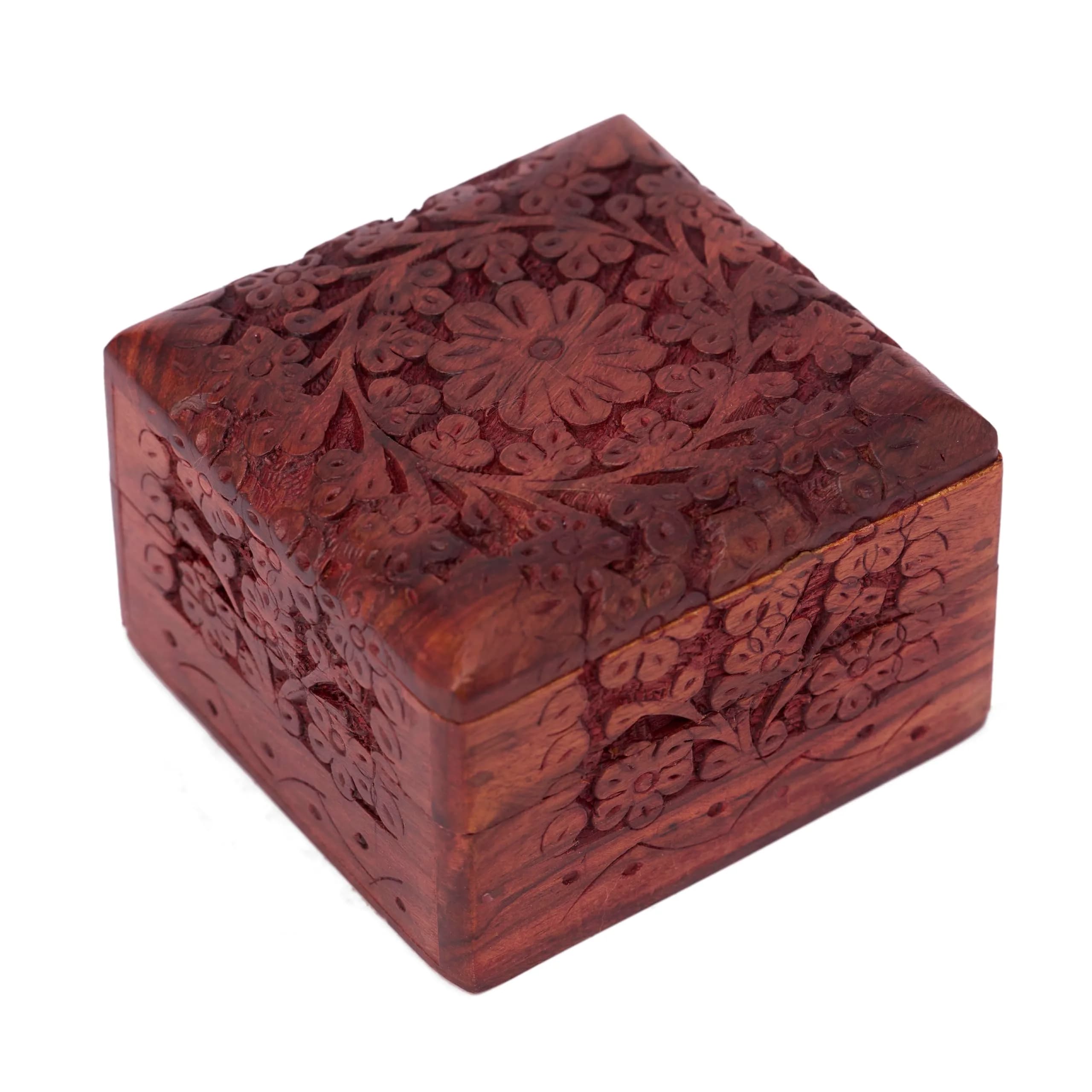 GURU JEE Wooden Hand Carved Keepsake Box 10cm (4 inch) | Intricate Floral Design for Jewellery Storage - view 2