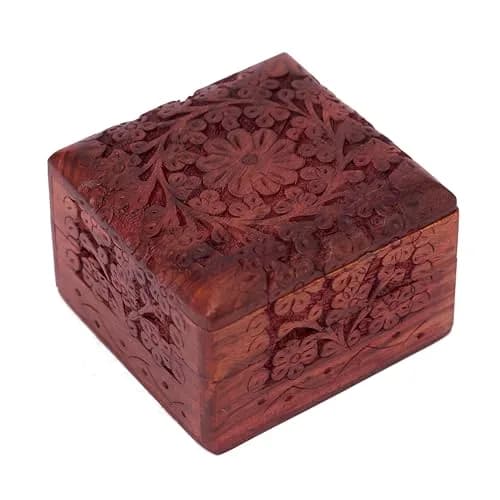 GURU JEE Wooden Hand Carved Keepsake Box 10cm (4 inch) | Intricate Floral Design for Jewellery Storage thumbnail 2